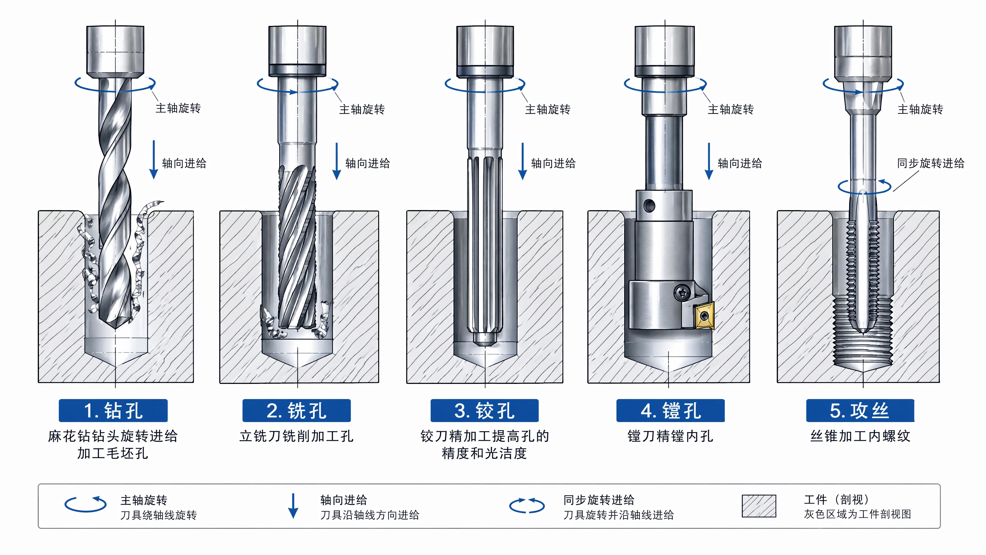 专业机械工程知识科普插图，展示数控刀具孔加工的五种工艺过程，横… - 图片创意预览