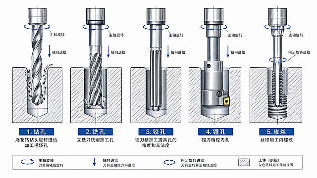 专业机械工程知识科普插图，展示数控刀具孔加工的五种工艺过程，横向排列五个工序示意图，从左到右依次为：1.钻孔：麻花钻钻头旋转进给加工毛坯孔，2.铣孔：立铣刀铣削加工孔，3.铰孔：铰刀精加工提高孔的精度和光洁度，4.镗孔：镗刀精镗内孔，5.攻丝：丝锥加工内螺纹，每个工序配有中文标注，每个工序都有剖视图展示刀具和工件的相对运动关系，工业机械制图风格，技术示意图，清晰的线条，专业准确的结构，蓝色和灰色金属质感，白色背景，工程技术图纸风格，高精度，细节丰富，专业严谨，知识科普用图，横向构图，每个工序下方有中文标签文字标注