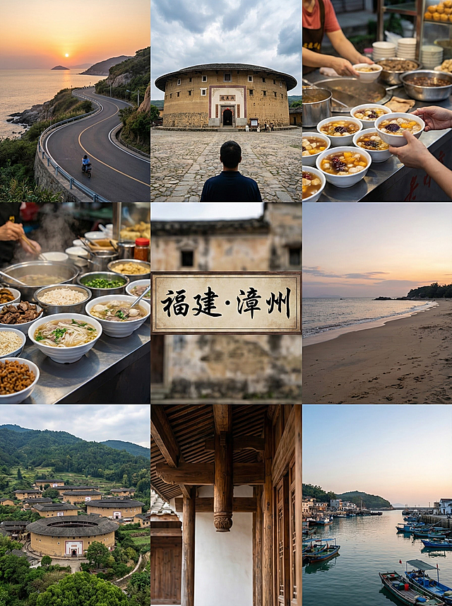 你的任务
帮我制作几份由地区特色景象结合出来的风景宣传照片，并在图片中心用文字标上主要地点（只要一个），宣传照片由当地景色的2张或者4张或者6张或者9张照片结合而成
#备注
要求图片写实，使用香蕉2.0，图片比例3:4，且不要出现任何人的正面照。
#备注
在标记地点时，只需要有地点就行，比如：
江苏·同里——江南古镇慢节奏
就只需要在拼图中间有：江苏·同里就行

#具体地点
需要阅读以下文章来提取

年前反向穷游王炸清单！5个冷门宝藏城，人均700玩3天，避峰还过瘾🔥
 
12月反向穷游天花板来啦！避开热门地人挤人，5座小众低消费城市，人均700元内承包2-3天高品质行程，自然秘境、人文古村、暖冬滨海全覆盖，附超细节省钱攻略，学生党、打工人闭眼冲～
 
一、云南普洱：茶香里的暖冬秘境
 
- 必体验清单：①太阳河森林公园和小熊猫贴贴🐼 ②那柯里古村泡免费温泉♨️ ③梅子湖步道看晨雾漫山
- 核心亮点：12月均温18-22℃，无旺季喧嚣，茶山层叠如绿浪，古村保留原生态傣家风情，路边茶摊10元喝到地道普洱，治愈感拉满。
- 成本参考：住宿60-90元/晚（古村民宿，部分含免费茶歇），餐饮25-40元/餐（傣味凉拌、普洱烤鸡性价比超高），太阳河森林公园学生票40元，其他景点多免费。
- 省钱攻略：普洱市区乘公交到那柯里（5元/人），比打车省40元；住古村民宿可蹭免费采茶体验，买茶叶直接找茶农，比门店便宜一半；自带空瓶，民宿多提供免费山泉水。
 
二、广东潮州：烟火气拉满的美食古城
 
- 必体验清单：①广济桥看“过河拆桥”奇观🌉 ②西马路吃遍10元内小吃（牛肉丸、蚝烙、鸭母捻） ③开元寺感受千年禅意
- 核心亮点：12月气候温润15-20℃，避开暑假人流，古城骑楼藏着百种地道小吃，广济桥夜景流光溢彩，老巷子里的手作店超好逛，性价比碾压热门旅游城。
- 成本参考：住宿70-110元/晚（古城内民宿，步行可达核心景点），餐饮30-50元/餐（人均50元能吃撑小吃街），广济桥门票20元（学生半价），其他景点免费。
- 省钱攻略：古城内步行+共享单车（5元/天），无需打车；小吃选路边老店，比网红店便宜30%；提前在网上订“古城联票”，比单买省15元。
 
三、广西崇左：山水画里的避世小城
 
- 必体验清单：①明仕田园乘竹筏赏喀斯特峰林🏞️ ②德天跨国瀑布看跨境激流🌊 ③安平仙河逛“水上森林”
- 核心亮点：12月少雨清透，峰林倒映水面如泼墨画，德天瀑布水量充沛不拥挤，小众村落保留壮族吊脚楼原貌，物价仅为桂林1/2。
- 成本参考：住宿80-120元/晚（田园民宿，推窗见景），餐饮35-50元/餐（壮家酸嘢、河鲜超新鲜），明仕田园竹筏学生票60元，德天瀑布学生票75元。
- 省钱攻略：崇左市区乘旅游专线车到景点（15元/人），比包车省80元；拼竹筏（4人一艘），人均省20元；自带零食，景区周边餐饮溢价高。
 
四、江西景德镇：瓷韵满满的文艺小城
 
- 必体验清单：①陶溪川逛文创市集淘手作🏺 ②古窑民俗博览区看制瓷工艺 ③三宝村走青石板路赏瓷窑遗址
- 核心亮点：12月告别旅游旺季，陶溪川市集人少好逛，可免费体验拉坯（部分工作室），老厂区改造的文创园拍照出片，文艺气息拉满，消费亲民。
- 成本参考：住宿65-100元/晚（文创园区民宿，部分含免费茶点），餐饮30-45元/餐（景德镇炒粉、冷粉人均10元管饱），古窑民俗博览区学生票50元，其他景点免费。
- 省钱攻略：市区乘公交可直达各大景点（2元/人）；陶溪川市集傍晚去，部分摊主会降价清货；住文创园区周边，可蹭免费陶艺体验课。
 
五、福建漳州：山海相间的暖冬小城
 
- 必体验清单：①东山岛苏峰山看环岛公路日落🌅 ②南靖土楼逛“客家围龙屋”🏯 ③漳州古城吃四果汤、面线糊
- 核心亮点：12月均温16-21℃，东山岛人少清净，海水湛蓝，土楼避开国庆人流，古城烟火气十足，海鲜人均40元实现自由，性价比超高。
- 成本参考：住宿70-110元/晚（海边或古城民宿），餐饮35-55元/餐，土楼群学生票70元，东山岛无门票（苏峰山免费）。
- 省钱攻略：漳州动车站乘专线车到土楼（20元/人），比打车省60元；东山岛租电动车环岛（25元/天），比包车省50元；菜市场买海鲜找餐馆加工，加工费10-15元/份。
 
出行终极实用提醒
 
1. 提前10天订住宿，选择“连住2晚减50元”“早鸟价”房型，淡季好房也抢手，部分民宿可议价～
2. 带便携保温杯+折叠伞，12月早晚有温差，海边可能遇小雨，喝热水方便还能省买水钱；
3. 优先选公交、共享单车或旅游专线，冷门城市交通便利，人均每天交通费控制在15元内；
4. 学生证、教师资格证带好，多数景点可享半价，部分冷门景点对学生免费；
5. 吃当地菜市场、老街区美食，不仅地道还比景区周边便宜50%，避开网红餐厅溢价。