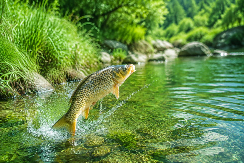 去掉画面中的手，只保留鲤鱼，让鲤鱼在清澈小河水中跃起预览效果
