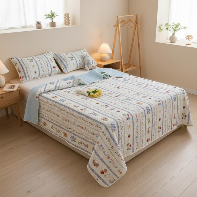 不改变床品所有细节 为图中床品生成现代温馨奶油风卧室场景预览效果