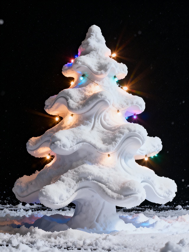 梦幻雪境中的3D浮雕圣诞树，重拟物风格呈现体积感，彩灯光影交织，营造温馨节日氛围。