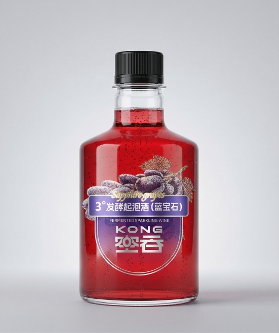 呈现一款蓝紫色标签的果酒，透明玻璃圆柱形瓶身，PET螺旋黑色盖子，瓶子内部装着红葡萄色透明酒液，严格依据原参考图的色彩体系、构图布局与画面比例进行再现。采用三维立体建模与写实渲染技术，展现商品包装的质预览效果