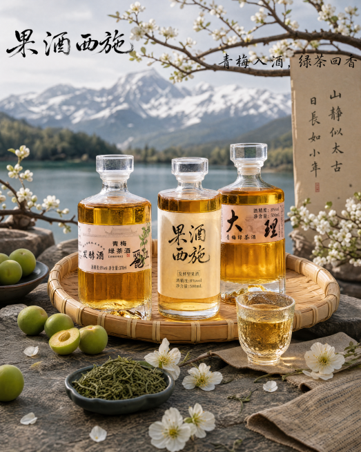 保持原图所有内容不变，包括三瓶果酒（青梅绿茶酒、果酒西施、大理青梅绿茶酒）、竹编托盘、青梅、绿茶、樱花、雪山湖泊背景、书法文字"果酒西施"及右侧竖排文案"青梅入酒，绿茶回香"、"山静似太古，日长如小年预览效果