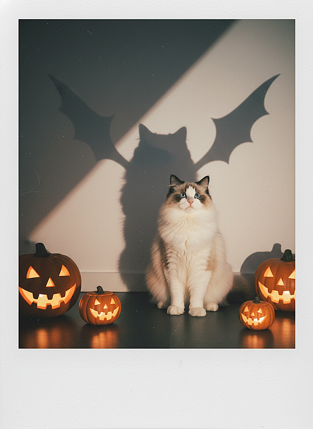 一束光射过来，主体的投影在墙壁上，投影是主体的外轮廓，加恶魔翅膀元素在投影上，主体旁边加点南瓜灯装饰，拍立得拍摄效果