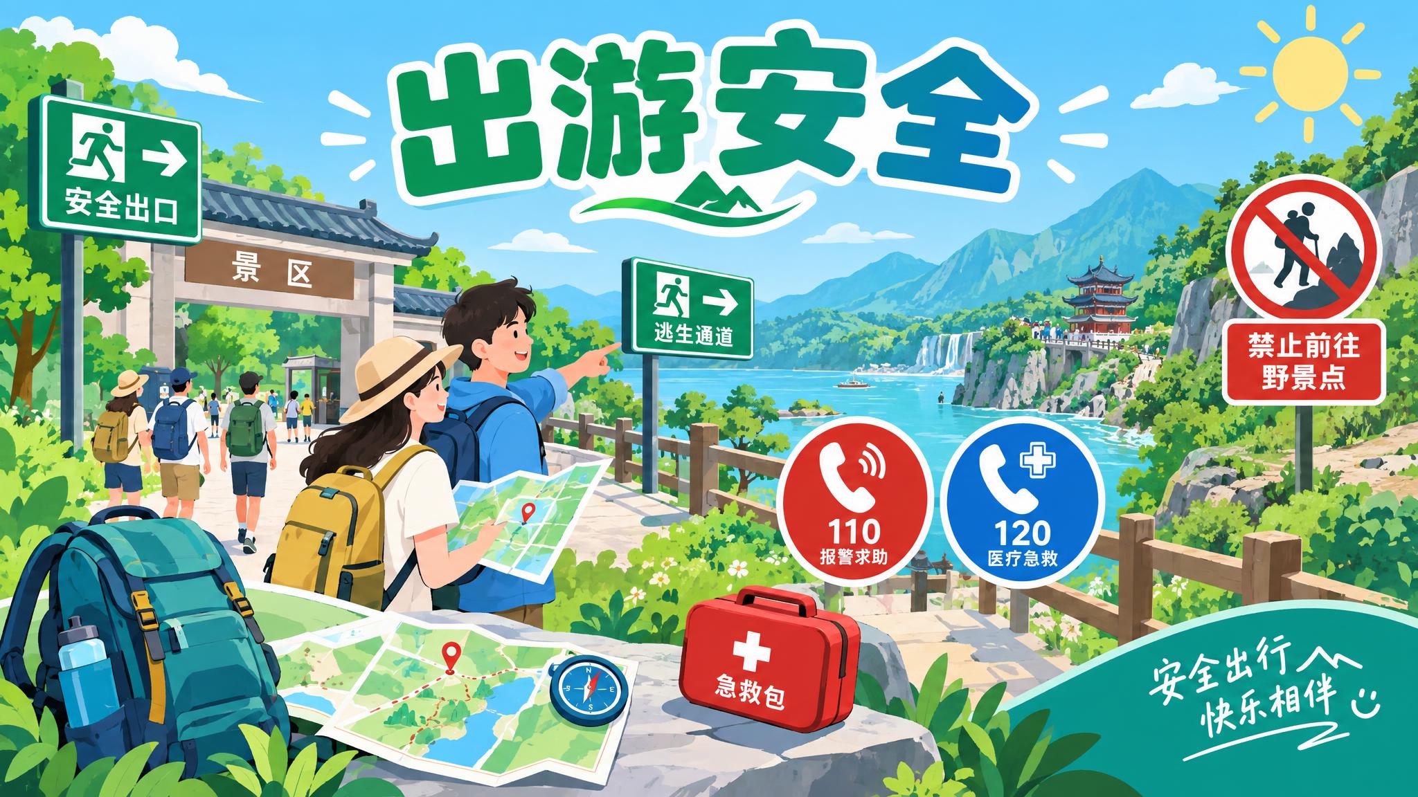 出游安全主题插画，16:9横版构图。画面展示旅游景区场景，有游… - 图片创意预览