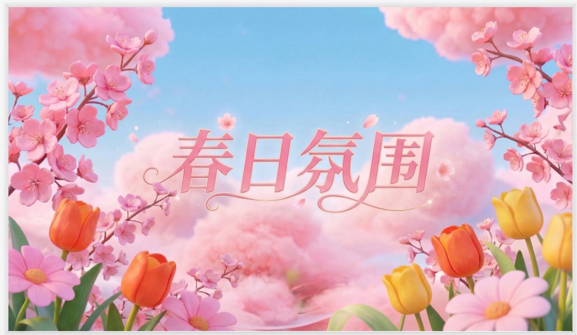 保持原图的樱花、郁金香、粉色云朵蓝天背景不变，将画面中的文字替换为春日氛围，字体和原文字相同，颜色为粉色预览效果