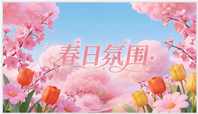 保持原图的樱花、郁金香、粉色云朵蓝天背景不变，将画面中的文字替换为春日氛围，字体和原文字相同，颜色为粉色