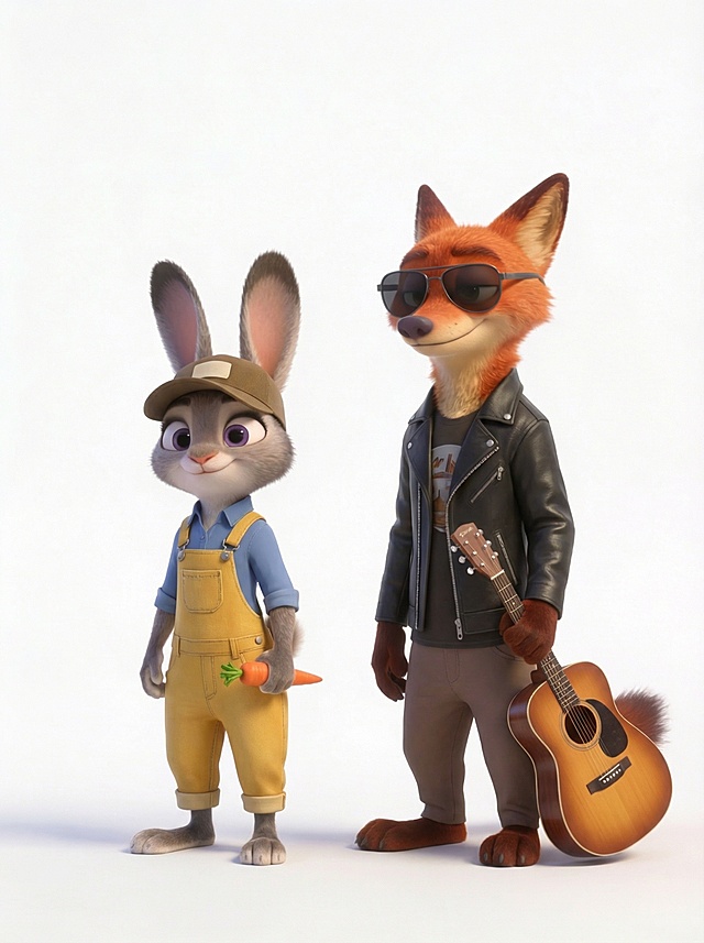 更改兔子朱迪和狐狸尼克的服装、配饰以及手上的东西，除此之外其他细节和参考图保持一致，包括动作、表情等细节。生成20张图，每张图的服装配饰和手上的东西都要不一样