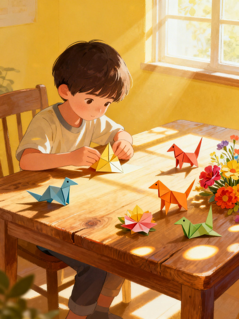 一个孩子专注地折纸，桌上散落彩色折纸作品，阳光透过窗户洒在桌面，温馨明亮的室内场景，折纸动物和花朵栩栩如生，风格是插画风格，比例是3:4预览效果