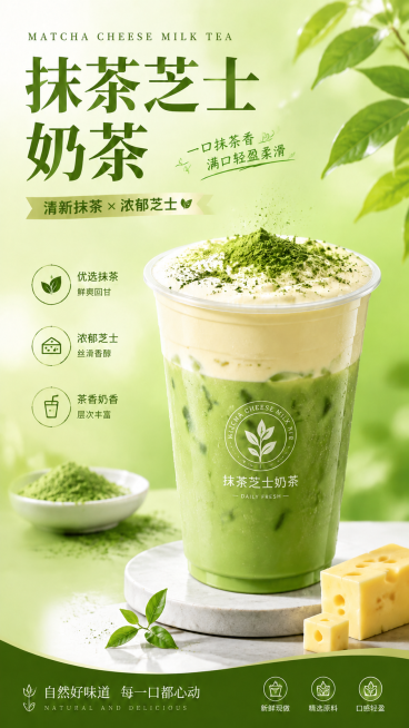 抹茶芝士奶茶商用海报，去除价格板块，保留原有文案和设计风格，保持原图尺寸比例，维持整体构图完整预览效果