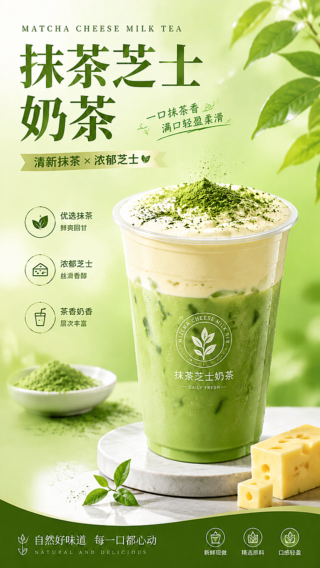 抹茶芝士奶茶商用海报，去除价格板块，保留原有文案和设计风格，保持原图尺寸比例，维持整体构图完整