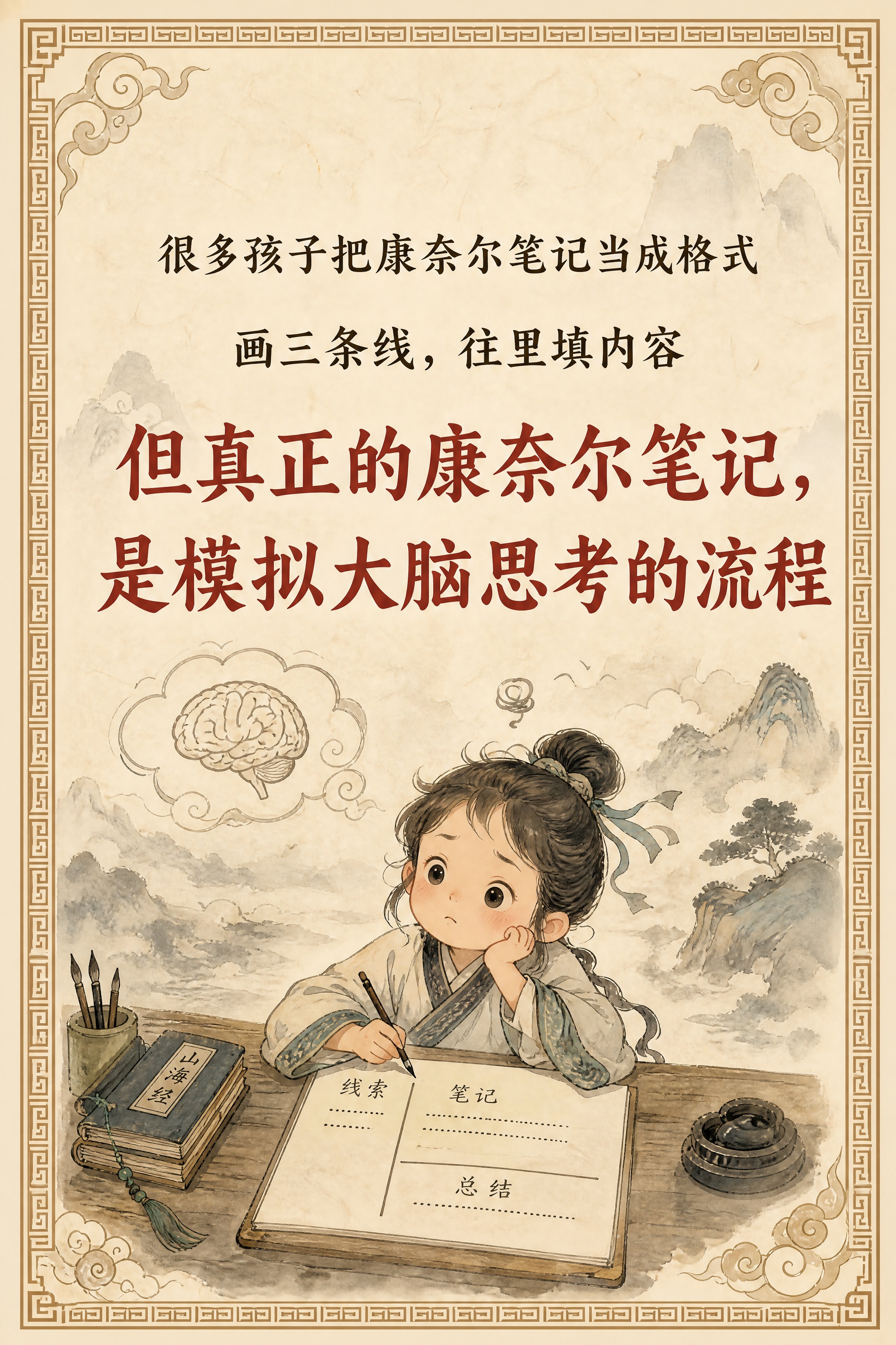 小红书笔记内页，痛点插画，国风山海经风格，米黄色宣纸纹理背景、… - 图片创意预览