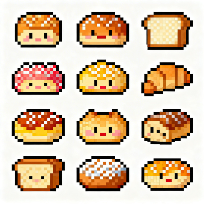 面包相关的拼豆图案，一共十种不同的面包设计，像素风格，色彩丰富清晰，适合手工拼豆制作，图案简单可爱，每个面包造型独立分明预览效果