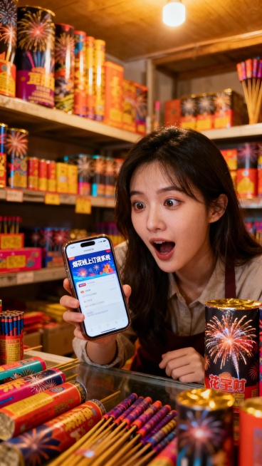 画面切换： 烟花店美女店主看到同行群里有人分享烟花线上订货系统截图，眼睛一亮预览效果