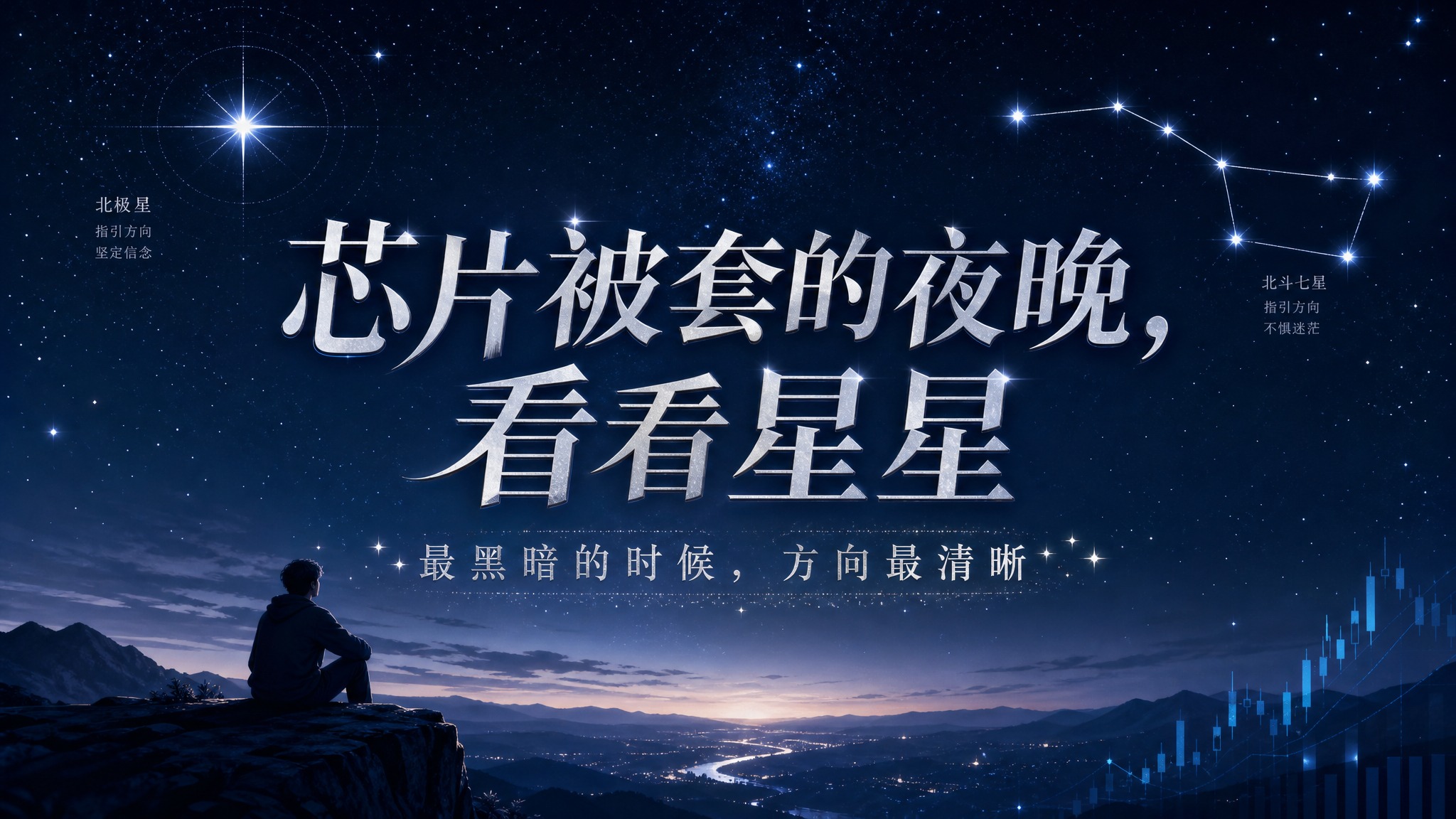 16:9横版股市财经海报，高级午夜蓝色背景，带有北极星和北斗七… - 图片创意预览