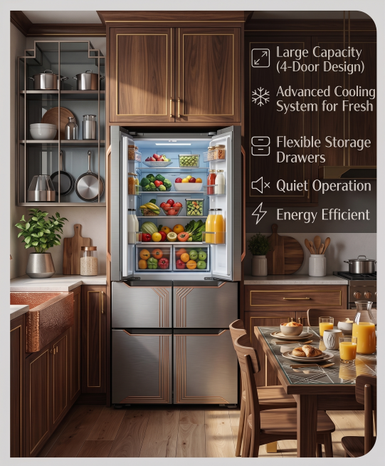 换一种风格展现这张图片，保留冰箱和厨房场景结构，更换全新风格预览效果