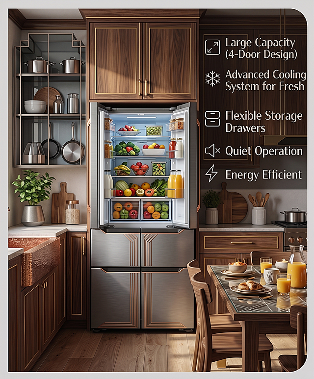 换一种风格展现这张图片，保留冰箱和厨房场景结构，更换全新风格