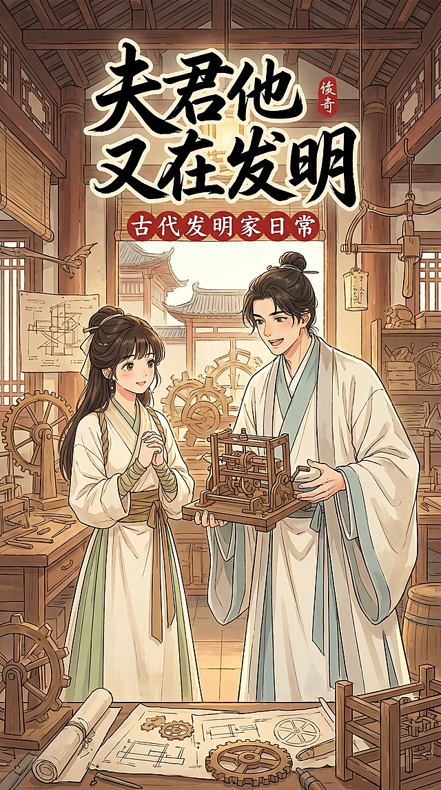 「图片1」给我生成漫剧封面9：16，背景不要纯白色，男女主有互动，剧名叫《夫君他又在发明》