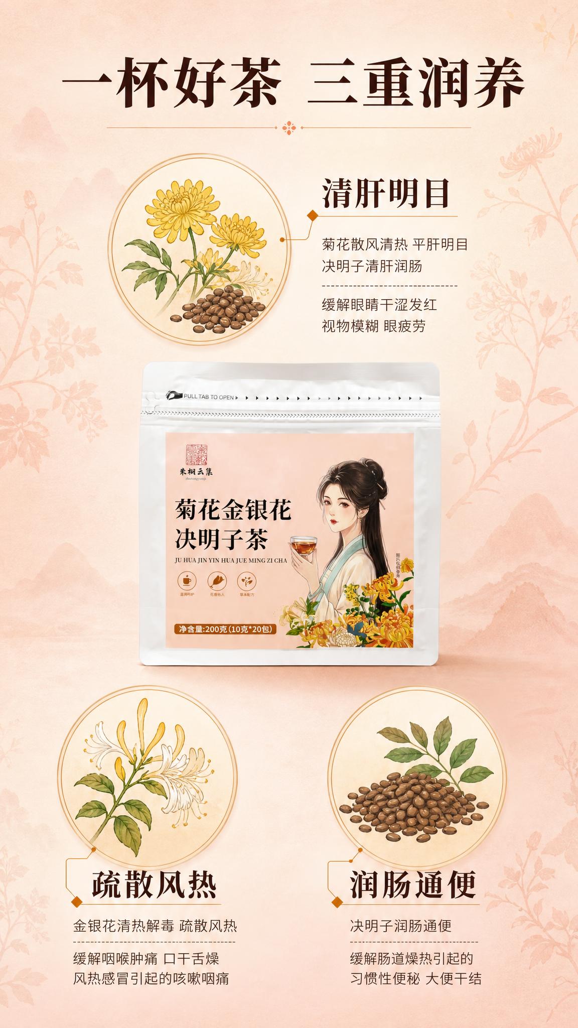 [商品] 使用【图1】菊花金银花决明子茶包装袋；保留产品原貌，… - 图片创意预览