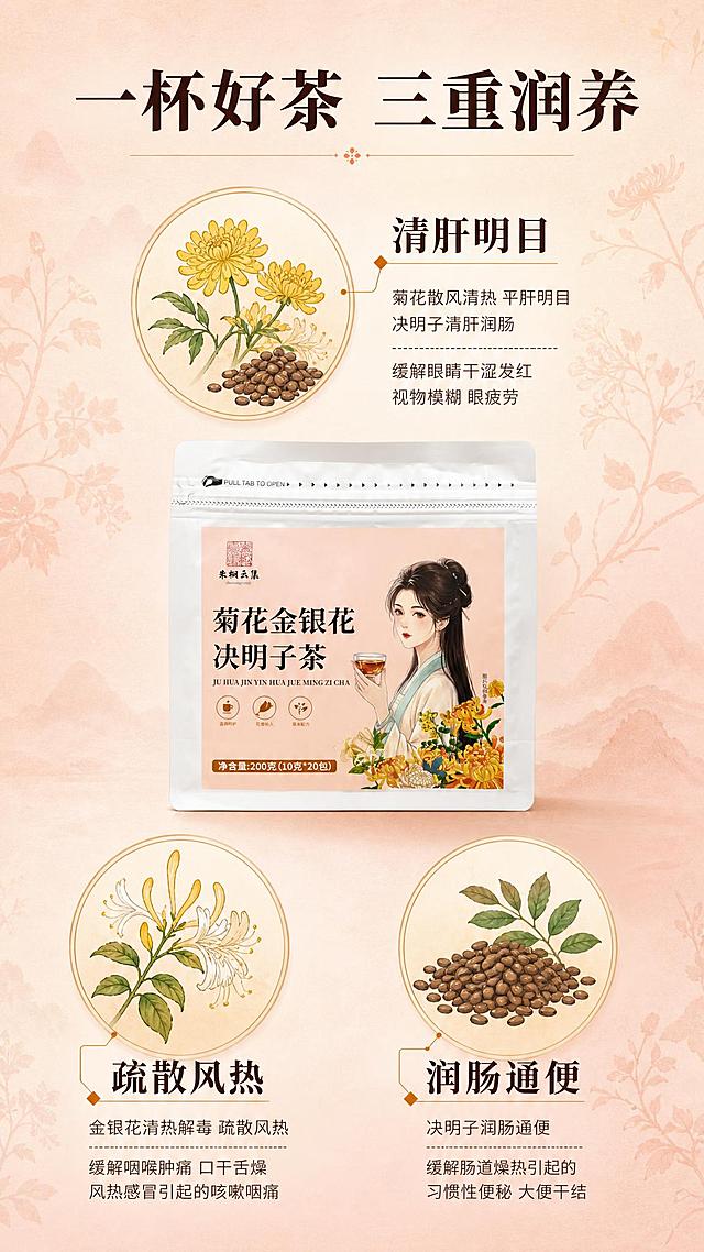[商品] 使用【图1】菊花金银花决明子茶包装袋；保留产品原貌，产品放在画面中部，占画面约35%。
[画面] 三效合一核心功效页，产品居中，上下左右分布三个大圆形功效模块，呈三角形布局，每个圆形内有国风插画图标，圆形下方有详细功效说明，背景暖粉渐变宣纸质感，有淡淡的草本植物剪影装饰。
[视觉] 套系策略：风格=新中式国风高级感 暖粉渐变宣纸质感；标题字=粗宋黑体 厚重有力；正文字=细黑体 清晰易读；主色=暖粉杏色；背景延展=浅杏粉到蜜桃粉渐变 叠加细腻宣纸纹理 草本剪影点缀；强调色=金橘色 仅用于图标和重点词；标题色=深棕褐色；正文色=浅棕褐色；组件=圆形功效卡片 国风线性图标 细线引线；光影=柔和平面光 卡片轻微悬浮感。
[文字] 顶部大标题 一杯好茶 三重润养 第一个功效 清肝明目 菊花散风清热 平肝明目 决明子清肝润肠 缓解眼睛干涩发红 视物模糊 眼疲劳 第二个功效 疏散风热 金银花清热解毒 疏散风热 缓解咽喉肿痛 口干舌燥 风热感冒引起的咳嗽咽痛 第三个功效 润肠通便 决明子润肠通便 缓解肠道燥热引起的习惯性便秘 大便干结 每个功效配对应图标 文字层次分明 横排阅读。
[规格] 9:16竖版，2K分辨率，避免变形、错字、文字过小、冷蓝背景、产品外观改变、水印、平台Logo。