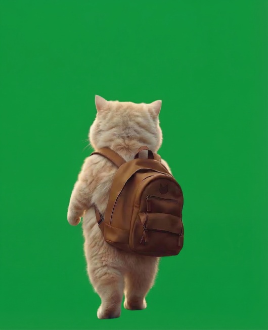 将背景修改为标准绿幕纯绿色，适合抠图，保留赤膊小猫和背包的主体形象不变预览效果