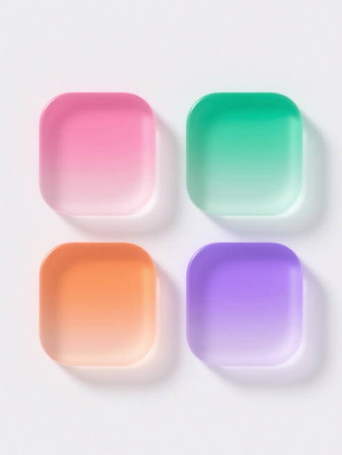 白色背景上，四个具有相同现代简约3D设计风格的半透明圆角方形元素规整排布的系列素材集合，每个方形元素保持相同的磨砂玻璃质感、平滑渐变色彩过渡、柔和边缘高光和轻微阴影效果，但整体色彩完全不同，分别为粉色渐变、绿色渐变、橙色渐变和紫色渐变，元素类目统一为圆角方形，构图均衡对称，营造出清新、时尚且协调的视觉效果。预览效果