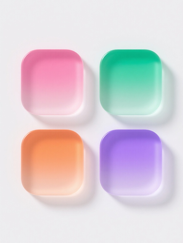 白色背景上，四个具有相同现代简约3D设计风格的半透明圆角方形元素规整排布的系列素材集合，每个方形元素保持相同的磨砂玻璃质感、平滑渐变色彩过渡、柔和边缘高光和轻微阴影效果，但整体色彩完全不同，分别为粉色渐变、绿色渐变、橙色渐变和紫色渐变，元素类目统一为圆角方形，构图均衡对称，营造出清新、时尚且协调的视觉效果。