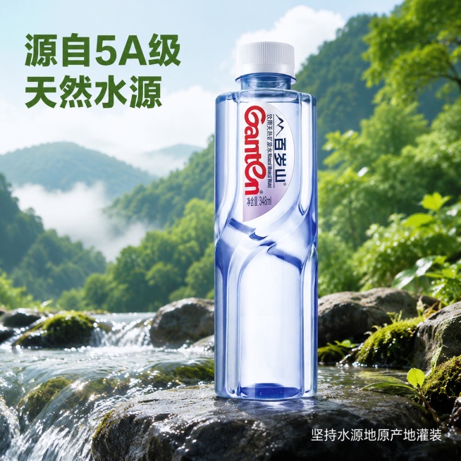 使用电商主图技能按照上面风格再生成8张比例1:1的电商主图，适配平台为淘宝/天猫，商品为「图片1」，商品卖点为饮用纯净水，5A级风景区建厂，平肩造型设计，坚持水源地生产，平肩造型设计，“水中黄金”偏硅预览效果