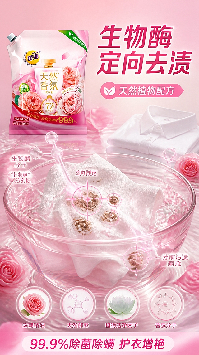 第2张 详情页效果演示页，奇强天然香氛洗衣粉，生物酶定向去渍可视化。使用图1作为商品主体。
抖音快手竖版，实验演示，科学可信，玫瑰粉科技感。
画面中央一盆清水，衣物浸泡其中，周围生物酶分子定向分解污渍，污渍颗粒被包裹分解。产品袋在左上占20%，外观与输入图一致。旁边放着另一件洗完洁白柔软的衣物做对比。周围玫瑰花瓣、天然植物成分元素、香氛分子。
水下柔光，分子有光泽，整体干净清新有冲击力。
背景浅玫瑰粉渐变，水透明粉白色，分子白色，主色清新玫瑰粉。
顶部大标题「生物酶 定向去渍」粗黑体玫红；旁侧标注「天然植物配方」箭头标签；底部小字「99.9%除菌除螨 护衣增艳」。
9:16竖版，4K高清。
负向：变形，错字，模糊，杂乱，水印，价格。