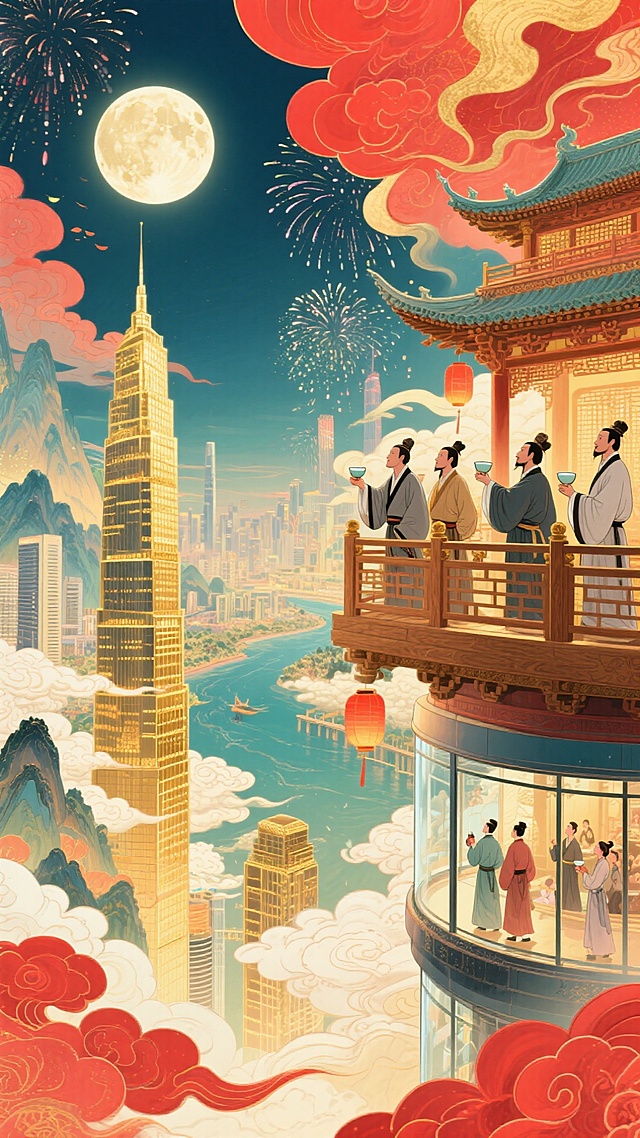 一侧，古代木质观景台，古代文人聚此，举着酒樽、凭栏望圆月、山河；另一侧，现代摩天楼高空观景舱，现代游客透过全景玻璃，赏烟花，背景古楼阁与城市高楼相融合，明月照。整体画面充斥着华丽的金色和喜庆的红色，奇幻色彩和光影变化，具有丰富的层次感和立体感，体现繁荣昌盛喜庆氛围，梦幻的大透视
