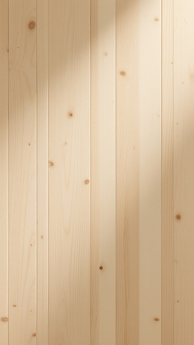 一张具有高度写实质感的浅色木纹背景图，整体呈现温暖的米黄色调，木纹纹理清晰可见，纵向排列的木纹线条细腻且均匀，具有自然的深浅变化和细微的节疤痕迹，表面光滑平整，带有柔和的哑光光泽，光线从上方均匀洒落，营造出温馨、自然、质朴的氛围，适合作为简约风格的背景使用。