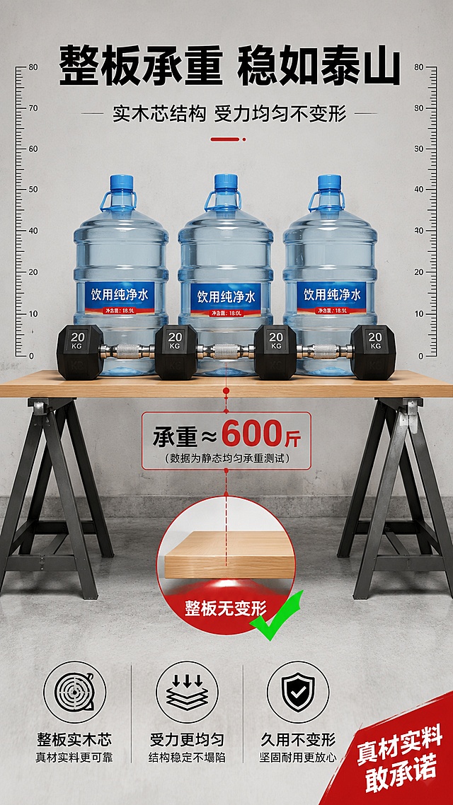 [第6屏] 承重力测试页-整板承重不变形实验展示。本屏使用【图6】作为承重测试主体板材。
[氛围/风格] 实验测试风，力量感与可信度，直观展示承重力。
[元素布局] 板材横向架在两个支架上，位于画面中部；板面上堆放重物（如桶装水、哑铃等），板面保持平直不弯曲；下方有放大箭头示意板面无变形；背景为工业风浅灰色，有测量标尺元素；板材外观与输入产品图一致。
[光影质感] 顶部均匀柔光，侧面补光突出板材厚度与平直度，重物有自然阴影，整体明亮有力量感。
[配色色系] 全局底色 #F2F0EC（浅灰米色）；主色原木色；辅助色红色承重标识、黑色标尺、绿色对勾。
[视角构图] 正面平视，板材承重状态为视觉中心，阅读动线从上到下：标题 → 承重实验图 → 数据说明。
[文字版式] 顶部主标题「整板承重 稳如泰山」，粗黑大字；副标题「实木芯结构 受力均匀不变形」；板面旁标注「承重≈XXX斤」（用保守表述）；底部三个卖点图标「整板实木芯」「受力更均匀」「久用不变形」；右下角红色角标「真材实料 敢承诺」；文字醒目有力。
[比例分辨率] 9:16竖版比例，4K分辨率，文字清晰可辨，高清画质。
[负向提示词] 板材弯曲变形，重物不真实，水印，文字错乱，数据虚假。