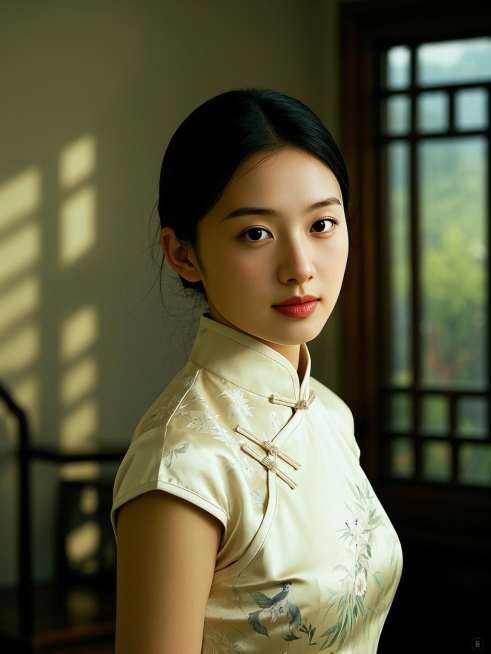 一个女生，艺术照，杏色旗袍，新中式写实背景预览效果