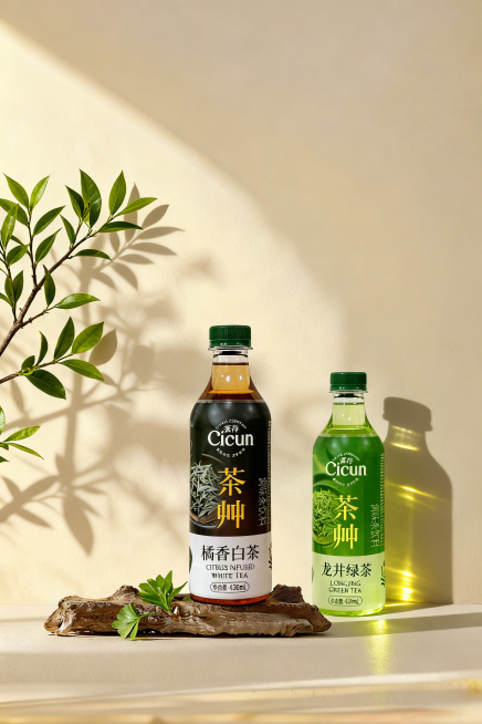 将图中背景的叶子替换成龙井绿茶的树枝和叶子，把下方干树枝上的绿植也替换为龙井绿茶叶子，然后将另外两张图中的饮料瓶分别放置：一个放在干树枝上，一个放在干树枝附近；保留现有的光影效果，瓶子上需要有自然的光预览效果