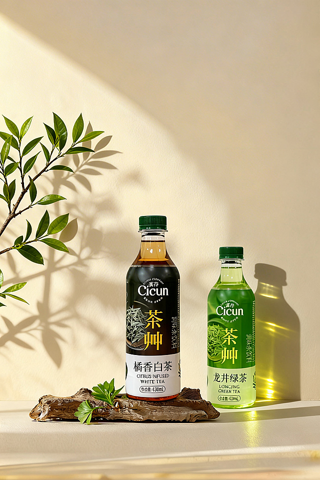 将图中背景的叶子替换成龙井绿茶的树枝和叶子，把下方干树枝上的绿植也替换为龙井绿茶叶子，然后将另外两张图中的饮料瓶分别放置：一个放在干树枝上，一个放在干树枝附近；保留现有的光影效果，瓶子上需要有自然的光影投射，地面和墙面上也要有瓶子的自然阴影，瓶中的茶水在光照下要显得清澈透亮。