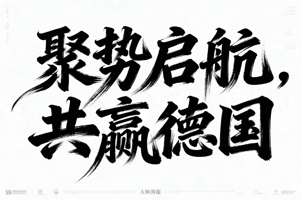 书法字体海报，主体为“聚势启航，共赢德国”四个草书汉字，草书字体狂野奔放，视觉张力富有动感，超粗笔画流畅飘逸，笔画巧妙延长变形，带有飞白效果，笔画流畅潇洒，白底黑字，横式排版。整体呈现大师海报作品风格预览效果