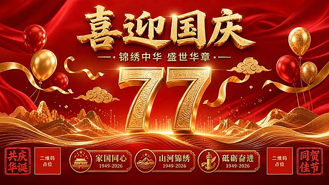 一张国庆节主题的横版海报，3D渲染风格，与之前的国风工笔画风完全不同。画面以深红色渐变背景为底，中央悬浮着金色的数字"77"立体造型，数字表面有精致的纹理和光泽。周围环绕着金色的祥云、彩带和气球，营造喜庆氛围。底部是金色的波浪纹样和抽象的山峦轮廓。整体配色以深红和金色为主，现代简约，高端大气。主标题大字居上方写着"喜迎国庆"，副标题在主标题下方写着"锦绣中华 盛世华章"。底部有三个信息模块，分别写着"家国同心"、"山河锦绣"、"砥砺奋进"，每个模块下方标注"1949-2026"。左下角和右下角有红色印章样式装饰，分别写着"共庆华诞"和"同贺佳节"。画面中所有二维码区域使用纯色方块占位符呈现，方块中央标注"二维码占位"文字，严禁生成任何可识别的二维码图案。画面中所有信息区域必须填充完整合理的内容，不得出现空白框、空白占位、横线待填写区域、空列表项、空单元格。画面中所有数字必须精确渲染，不得出现错位、遗漏或编造的数字。版式精美，层次分明，超高清画质，2K分辨率。