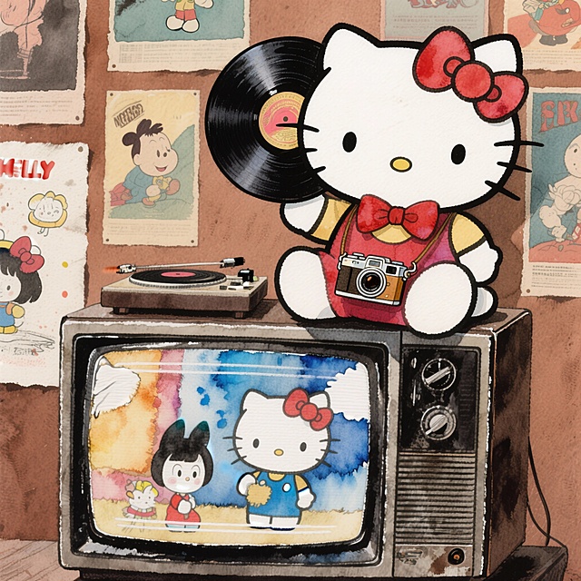 Hello Kitty头像，1:1比例，戴着复古黑胶唱片造型的蝴蝶结，脖子挂着迷你相机，坐在老式电视机上，屏幕里播放着卡通片，背景是复古海报墙，暖棕色调，怀旧氛围感，8K高清，无水印