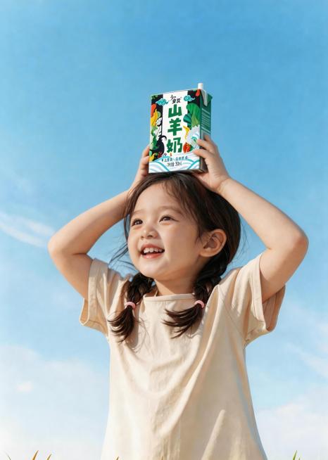 将小女孩头顶上的山羊奶盒产品尺寸调整为双手高度的三分之一，保持产品所有包装细节、设计不变，保持双手握持姿势不变，适配整体画面比例，保留小女孩、蓝天背景和所有原有元素不变预览效果