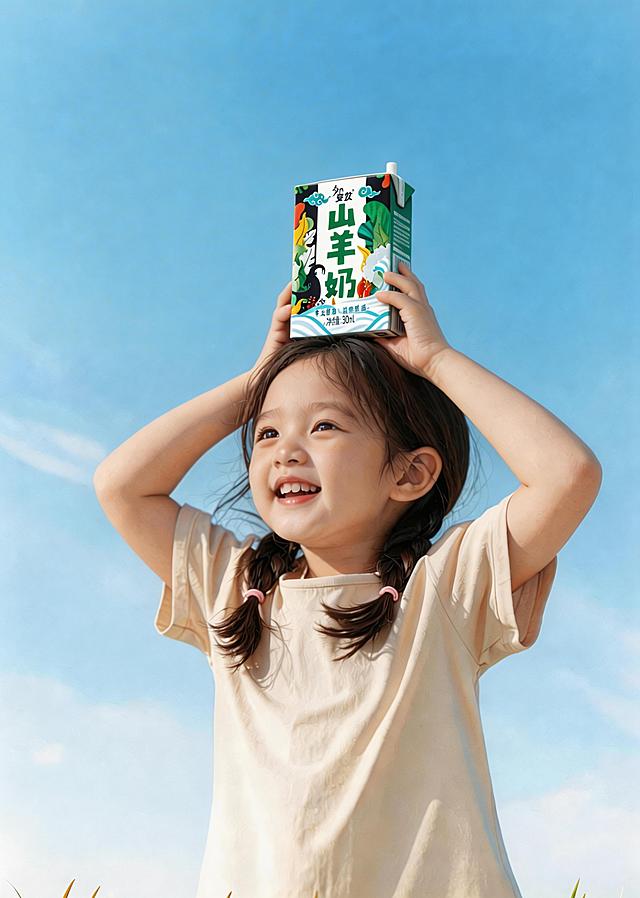将小女孩头顶上的山羊奶盒产品尺寸调整为双手高度的三分之一，保持产品所有包装细节、设计不变，保持双手握持姿势不变，适配整体画面比例，保留小女孩、蓝天背景和所有原有元素不变