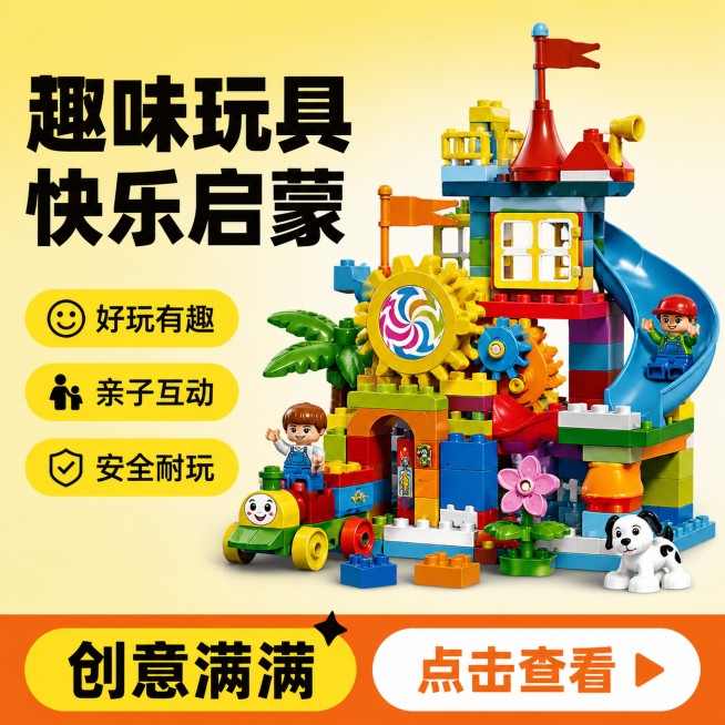 [单张主图] 玩具 爆款促销感主图 承担点击理解信任转化全功能。商品为趣味创意玩具，核心卖点是有趣好玩 亲子互动 创意启蒙 安全耐玩，适配淘宝天猫平台。
[构图版式] 采用左文右品标签参数型版式，左侧预览效果