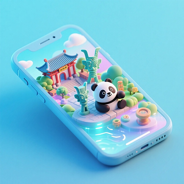 软3D风微缩艺术，熊猫与古风建筑跃出屏幕，梦幻清新色调，萌趣十足，节日氛围感拉满。