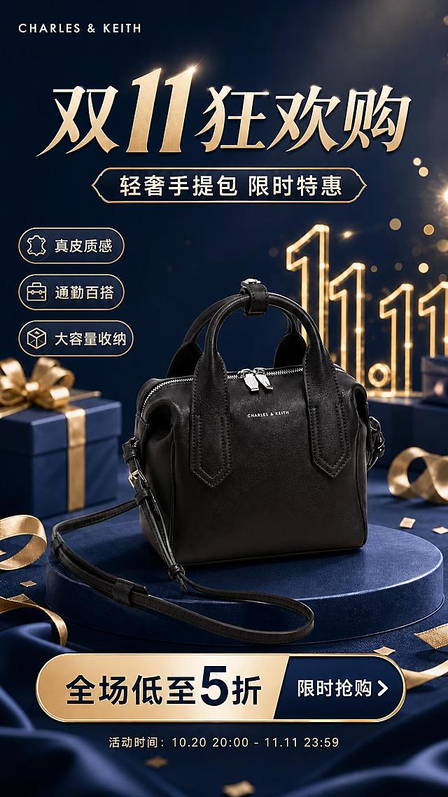 将这张双十一女包促销海报的背景颜色更换为静谧藏蓝色（深蓝色调），保持所有文案内容、排版布局、产品主体、金色装饰元素、礼盒、丝带、展台等完全不变。背景改为深邃藏蓝色渐变，搭配金色光晕与光斑，整体氛围沉稳大气且保留大促高级感。黑色手提包100%还原原图的产品外形、结构、比例、材质质感、颜色、品牌LOGO与正面朝向。所有文字内容保持原样："双11狂欢购"、"轻奢手提包 限时特惠"、"真皮质感"、"通勤百搭"、"大容量收纳"、"全场低至5折"、"限时抢购"、"活动时间：10.20 20:00 - 11.11 23:59"、"CHARLES & KEITH"，数字精确渲染。画面中所有信息区域保持完整填充，版式精美，四周留足安全边距。