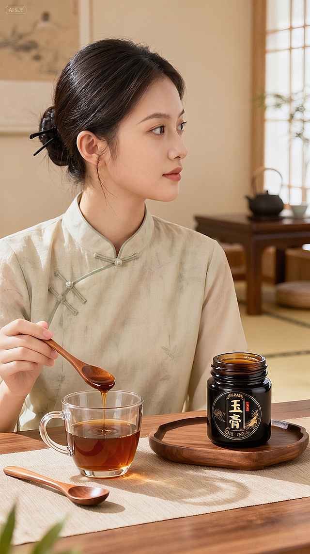 让这个女孩展示侧脸，保留原图整体场景：国风茶室环境，女孩穿着浅色中式旗袍，正在用木勺将玉膏舀入玻璃茶杯，桌面保持玉膏罐子和木勺，整体保持暖色调自然光写实风格，只修改女孩脸部朝向为侧脸