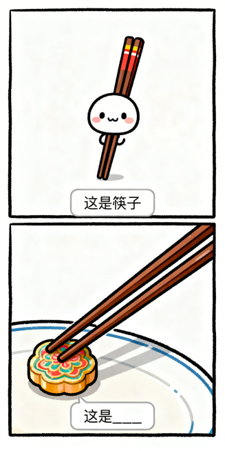 手绘搞笑纵向双格漫画，上半格：Q版可爱的筷子，极简背景，底部文字框写“这是筷子”；下半格：筷子被用来夹东西，旁边放着一个漂亮的物品，底部文字框写“这是____”，线条清晰，色彩鲜明预览效果