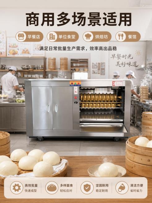 [第9屏] 适用场景展示页，对辊馒头机商用场景适配。本屏使用【图1】https://1.jpg作为产品主体。
[氛围/风格] 生活化场景，真实使用氛围，温馨专业。
[元素布局] 背景为早餐店/食堂后厨预览效果
