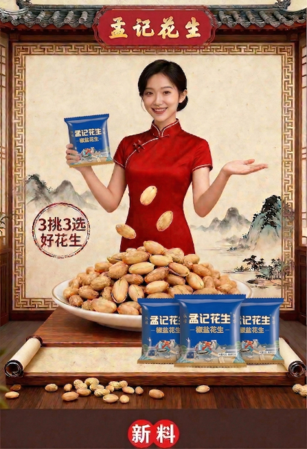 将图片中原有的红色包装孟记甘草花生替换为图片2中的蓝色包装孟记椒盐花生，保持原海报的构图、人物姿态、中式国风背景、光影效果和整体风格不变，保持所有文字和Logo正确不变形，生成自然真实的产品融合效果，预览效果