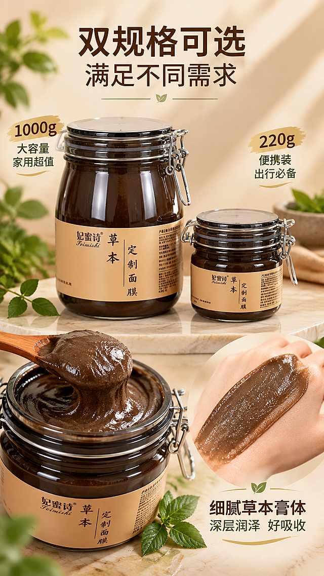 [主图-3] 规格展示与质地肤感，展示1000g和220g双规格以及面膜质地的细腻水润感，抖音9:16竖版主图。
[统一基调] 整体风格为天然植萃护肤风，高级柔光静物摄影质感。背景主色为温润大地棕与奶油米白渐变，点缀清新草本绿色。标题字色为深棕色，辅助字色为橄榄绿，强调色为琥珀金。字体为干净优雅的非衬线体，字号层级分明，主标题最大最粗，辅助文案缩小50%以上。整体画面通透自然，有清晨柔和自然光感。
[画面] 画面上半部分左右并排展示两个规格的面膜罐，左侧1000g大罐，右侧220g小罐，中间有大小对比的视觉效果，产品外观与输入图完全一致，两个产品主体占比约50%。画面下半部分展示质地特写：一勺深褐色草本面膜膏体从罐中舀出，膏体细腻绵密，旁边有手背涂抹的局部特写，展示面膜推开后的水润质感，皮肤呈现水润光泽。旁边有几片新鲜草本叶片点缀。背景为柔和的米棕色渐变，底部有轻微的大理石纹理台面。
[光影质感] 商业美妆摄影质感，柔和自然光从上方照射，膏体有细腻的光泽和纹理，手背皮肤有自然的水润光泽，玻璃罐有清晰高光反射，整体光影柔和真实，体现产品质地的细腻感。
[配色] 主色：大地棕、奶油米白、肤色；点缀色：草本绿、琥珀金。语义色仅作点缀，不改变整体棕调主视觉。
[文字版式] 画面顶部主标题大字："双规格可选 满足不同需求"，大罐旁标注"1000g 大容量 家用超值"，小罐旁标注"220g 便携装 出行必备"。画面底部质地特写旁标注："细腻草本膏体 深层润泽 好吸收"。文字均放在负空间，不遮挡产品主体和质地展示。
[输出要求] 比例9:16，文字清晰可读，产品清晰不变形，质地展示真实细腻，无错字，无杂乱背景，无水印，无平台Logo，无多余装饰元素。