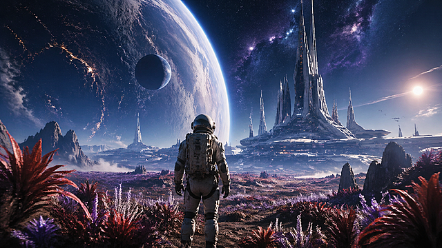 2026年科幻题材游戏宣传海报，游戏买量素材，虚幻引擎5，电影级光影，减少噪点，高质量，画面主体是一位背对镜头的宇航员位于画面中心，站在生长着外星植物的开阔平原上，远处是科幻感的巨型基地建筑，背景是浩瀚宇宙，可以看到一颗巨大的行星和卫星